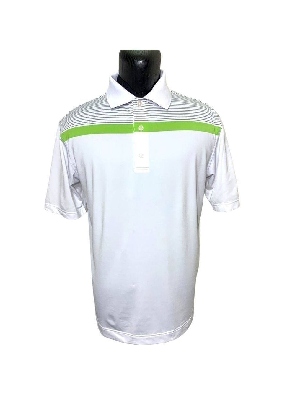 Footjoy Golf White Stripes Green Polo Shirt 1/4 Buttons Active Short Sleeve Sz L